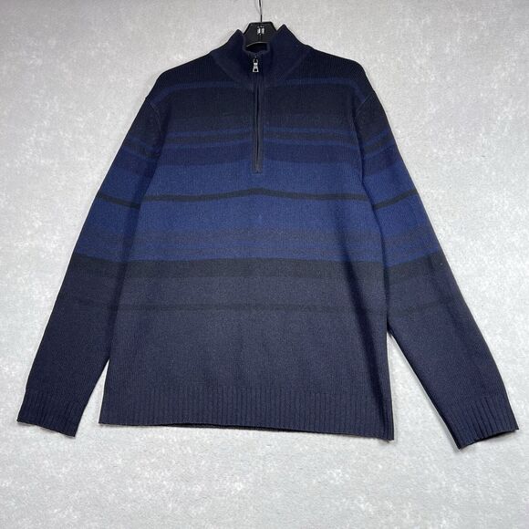 Banana Republic Sweater Mens Large Lambswool Cashmere 1/4 Zip Black/ Blue Stripe - Picture 1 of 10